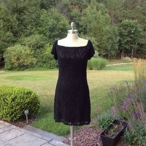 bebe Off the Shoulder Lace A-Line Dress